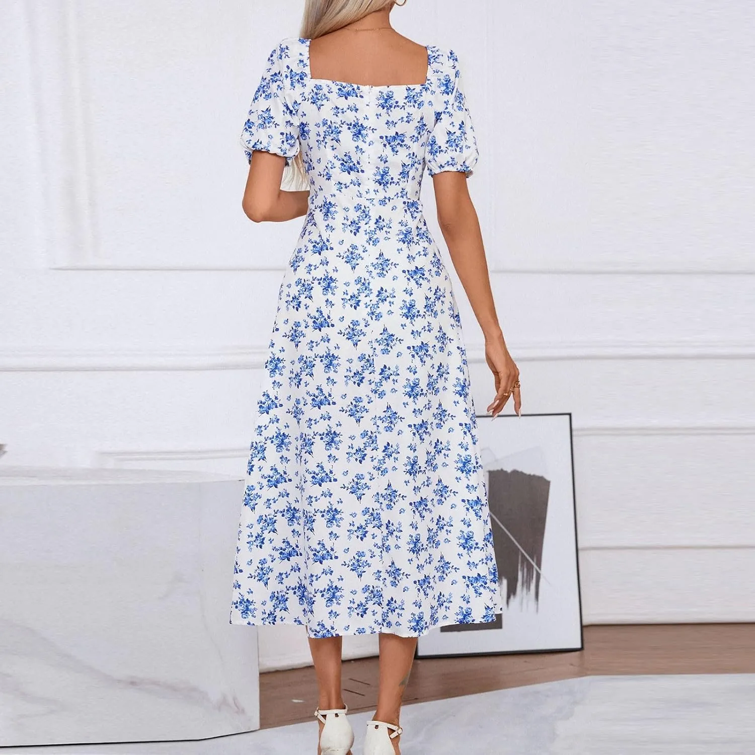 Summer Dresses for Women 2025 Puff Short Sleeve Long Boho Dresses Square Neck Floral Split Thigh Dress