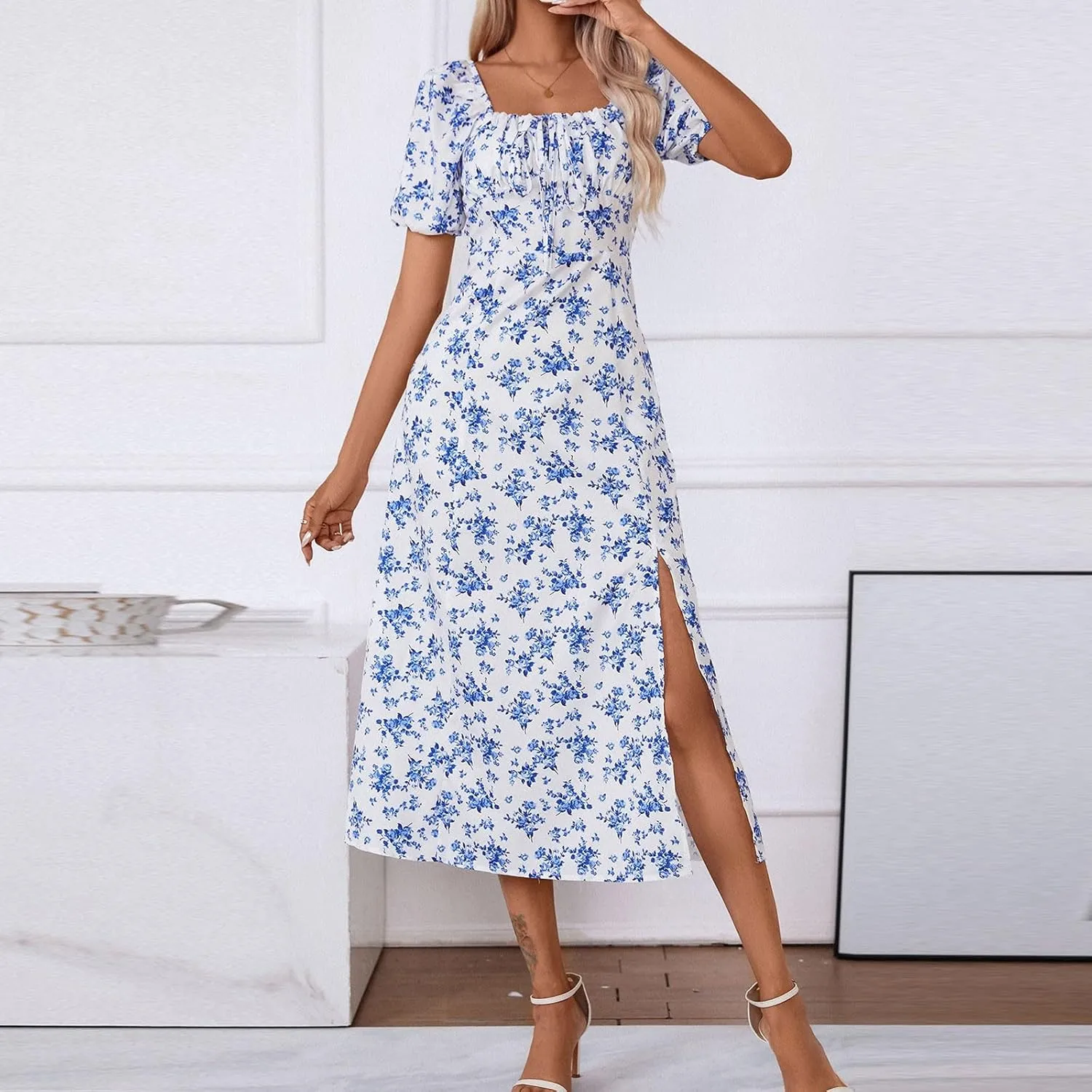 Summer Dresses for Women 2025 Puff Short Sleeve Long Boho Dresses Square Neck Floral Split Thigh Dress