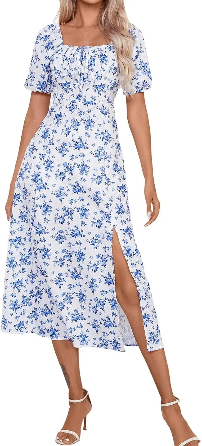 Summer Dresses for Women 2025 Puff Short Sleeve Long Boho Dresses Square Neck Floral Split Thigh Dress
