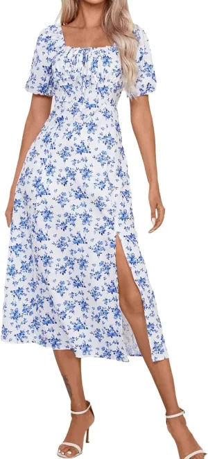 Summer Dresses for Women 2025 Puff Short Sleeve Long Boho Dresses Square Neck Floral Split Thigh Dress