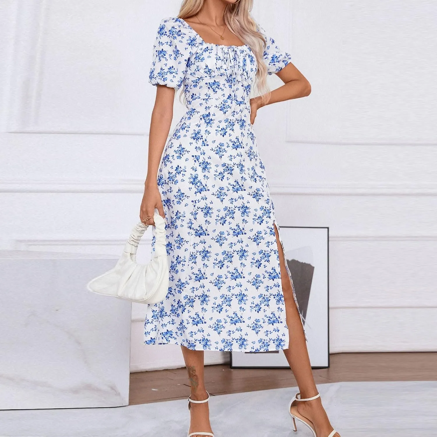 Summer Dresses for Women 2025 Puff Short Sleeve Long Boho Dresses Square Neck Floral Split Thigh Dress