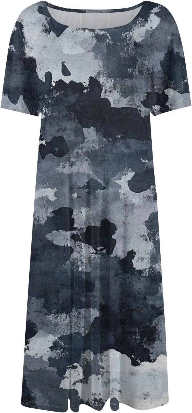Summer Dresses for Women Beach Aline Midi Dresses Casual Flowy Tshirt Dress Floral Short Sleeve Dress with Pockets