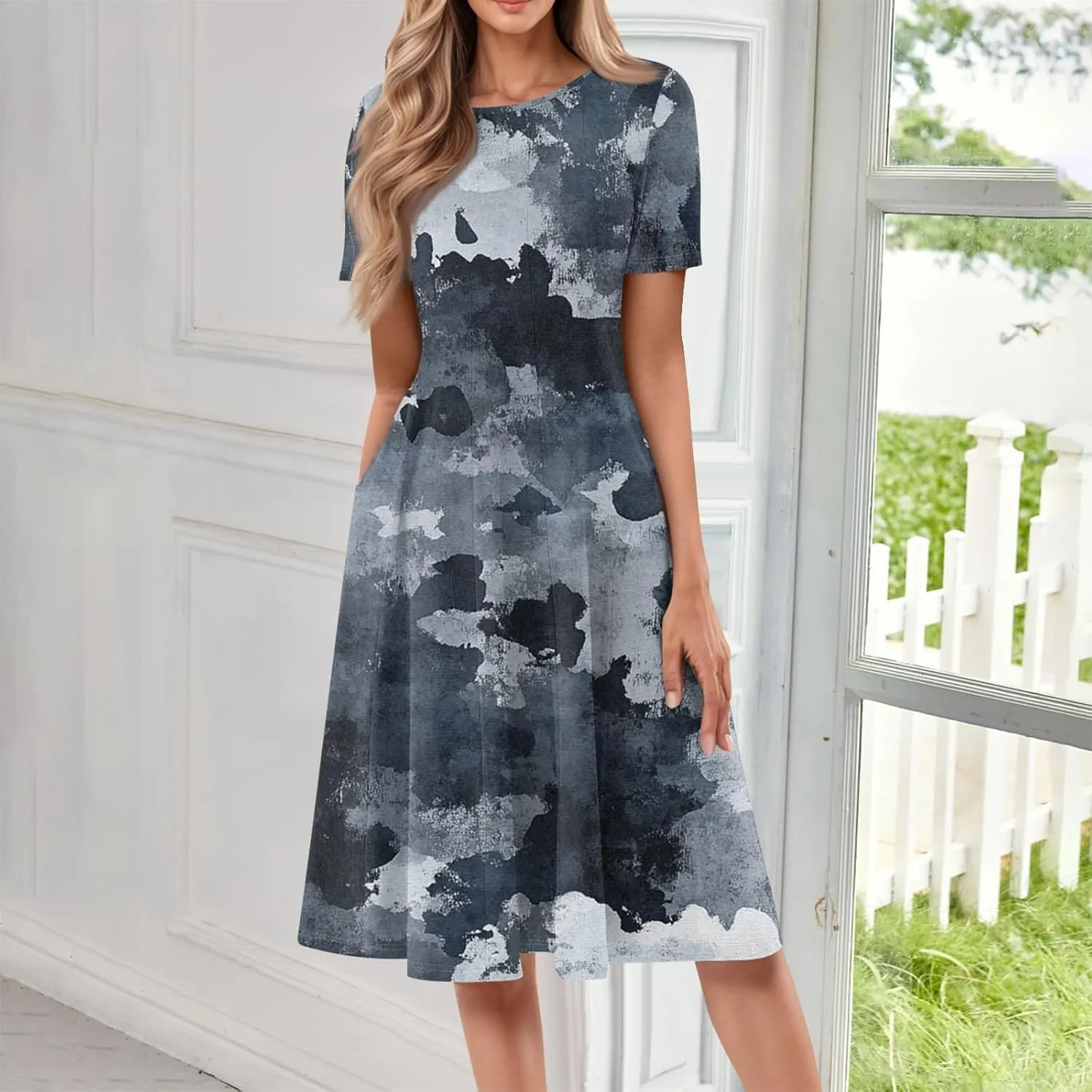 Summer Dresses for Women Beach Aline Midi Dresses Casual Flowy Tshirt Dress Floral Short Sleeve Dress with Pockets