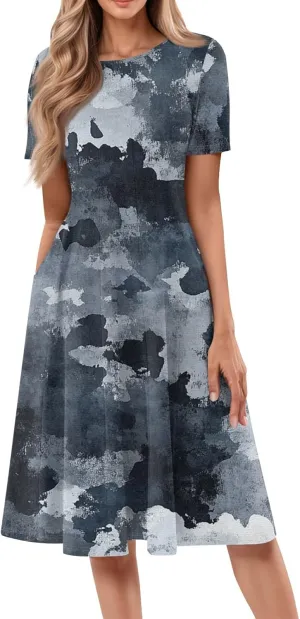 Summer Dresses for Women Beach Aline Midi Dresses Casual Flowy Tshirt Dress Floral Short Sleeve Dress with Pockets