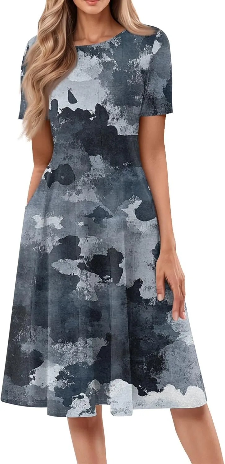 Summer Dresses for Women Beach Aline Midi Dresses Casual Flowy Tshirt Dress Floral Short Sleeve Dress with Pockets