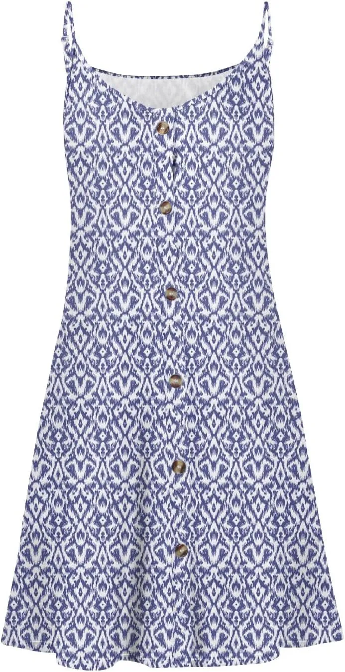 Summer Dresses for Women Casual Floral Mini Dress Beach Spaghetti Strap Sundresses Button Flowy Sleeveless a Line Dress