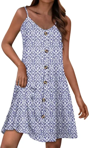 Summer Dresses for Women Casual Floral Mini Dress Beach Spaghetti Strap Sundresses Button Flowy Sleeveless a Line Dress