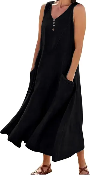 Summer Dresses for Women's 2025 Casual Cotton Linen Crewneck Sleeveless Sundress with Pocket Plus Size Boho Long Dress