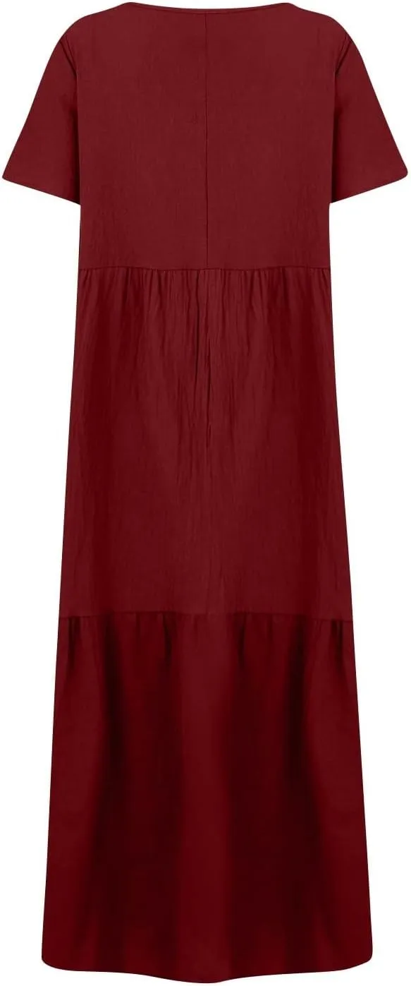 Summer Maxi Dresses for Women Plus Size Cotton Linen V Neck Tiered Dress Loose Casual Maternity Beach Long Flowy Dresses