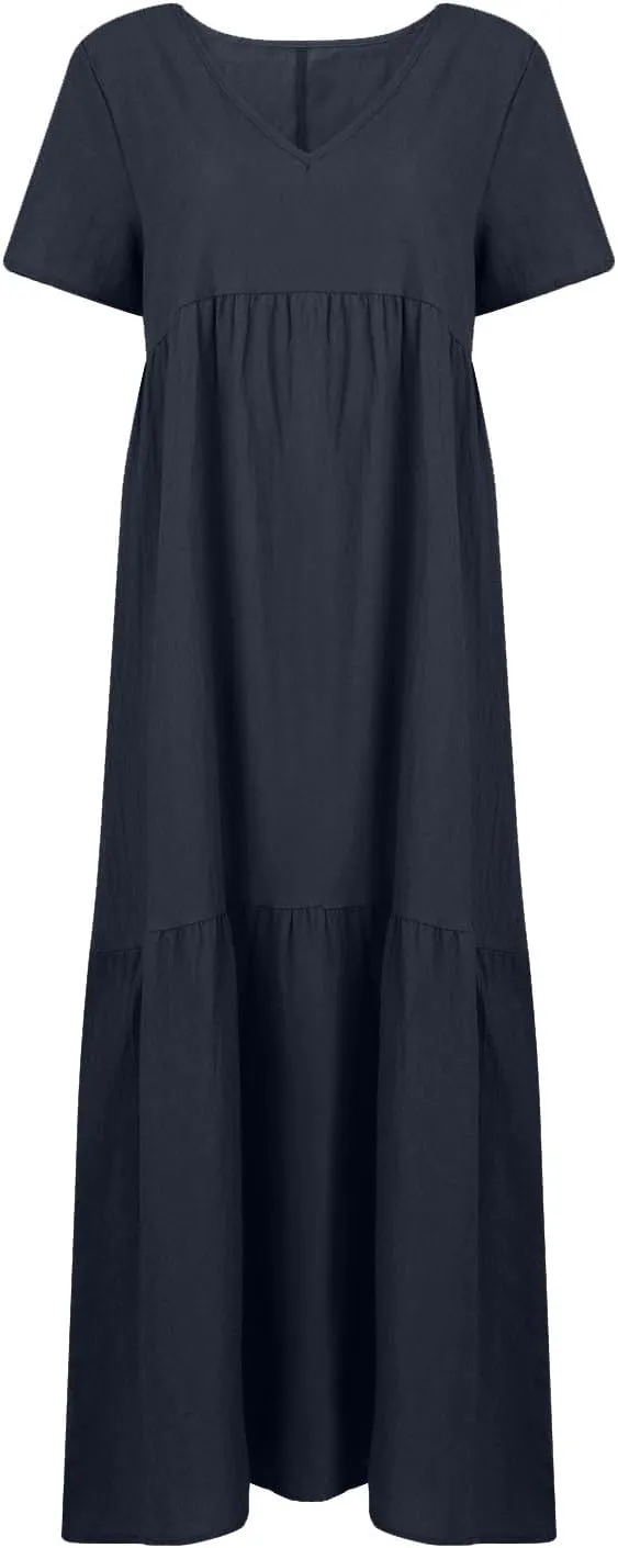 Summer Maxi Dresses for Women Plus Size Cotton Linen V Neck Tiered Dress Loose Casual Maternity Beach Long Flowy Dresses