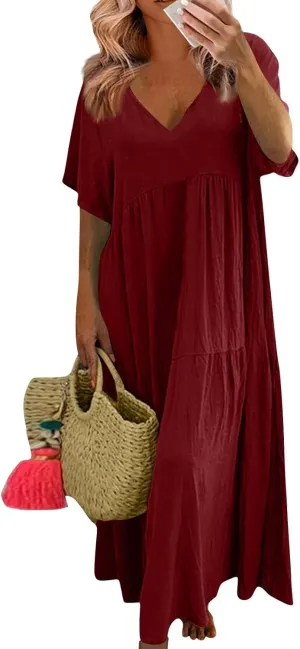 Summer Maxi Dresses for Women Plus Size Cotton Linen V Neck Tiered Dress Loose Casual Maternity Beach Long Flowy Dresses