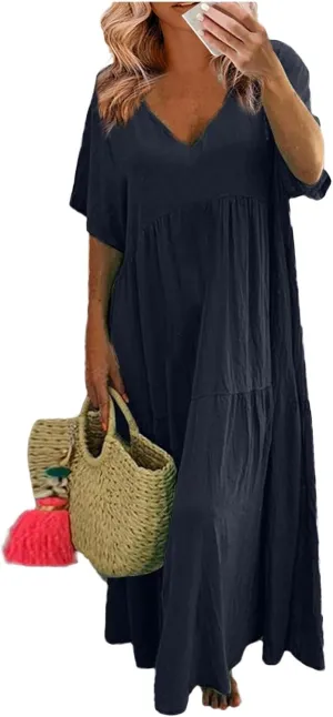Summer Maxi Dresses for Women Plus Size Cotton Linen V Neck Tiered Dress Loose Casual Maternity Beach Long Flowy Dresses