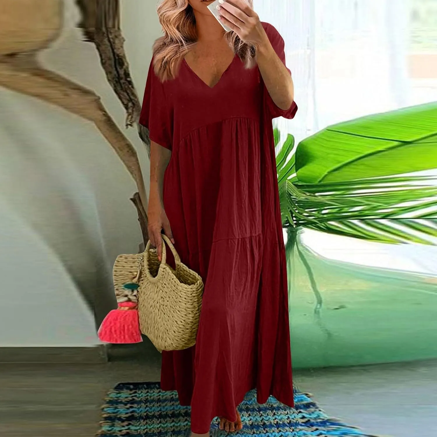 Summer Maxi Dresses for Women Plus Size Cotton Linen V Neck Tiered Dress Loose Casual Maternity Beach Long Flowy Dresses
