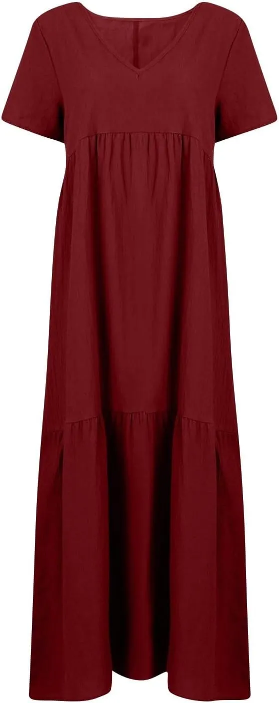 Summer Maxi Dresses for Women Plus Size Cotton Linen V Neck Tiered Dress Loose Casual Maternity Beach Long Flowy Dresses