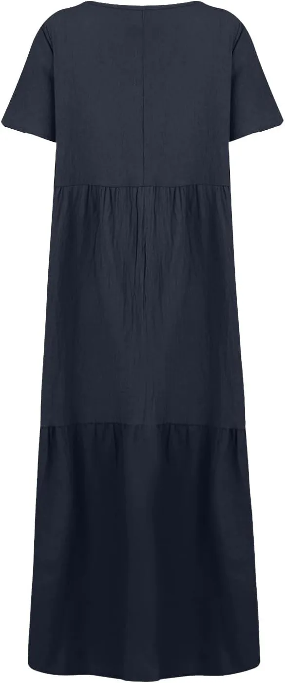 Summer Maxi Dresses for Women Plus Size Cotton Linen V Neck Tiered Dress Loose Casual Maternity Beach Long Flowy Dresses