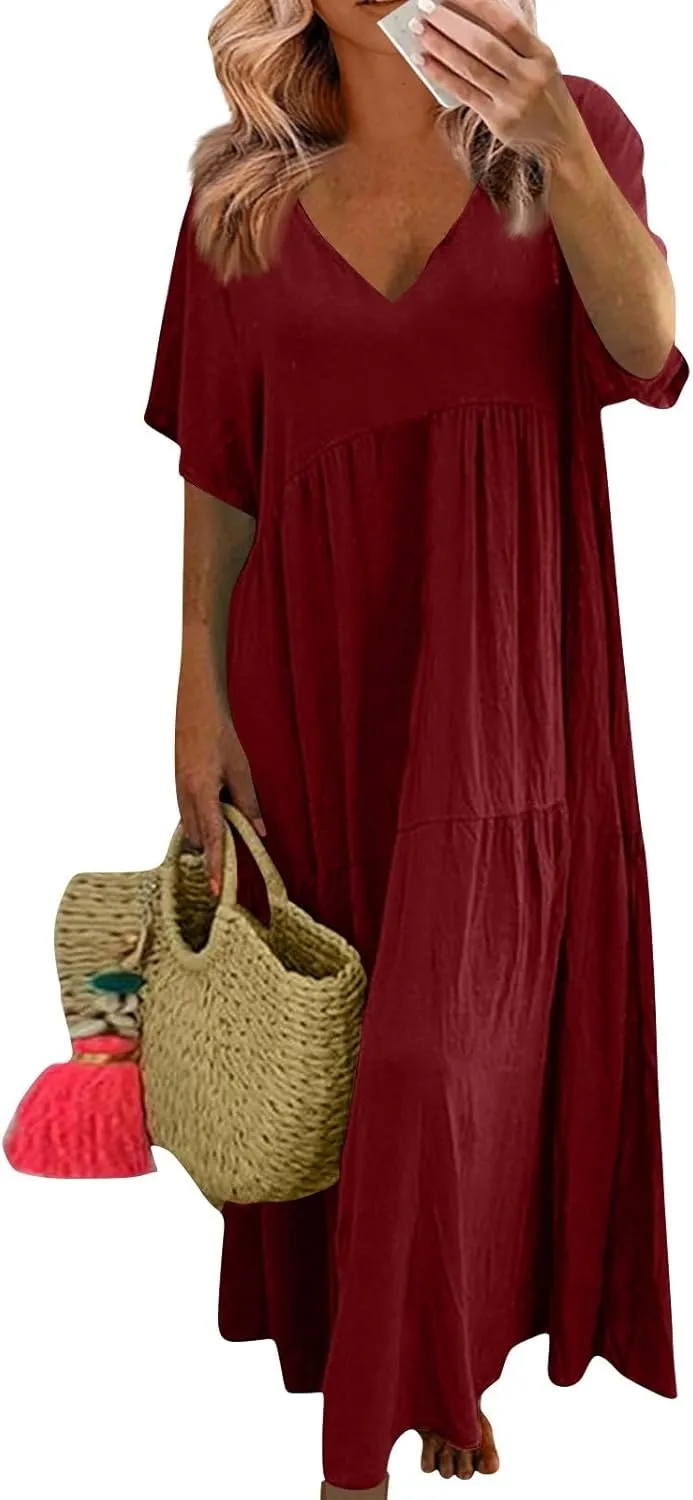 Summer Maxi Dresses for Women Plus Size Cotton Linen V Neck Tiered Dress Loose Casual Maternity Beach Long Flowy Dresses