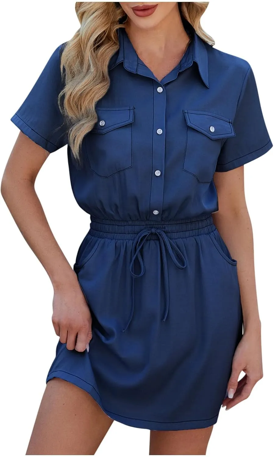 Summer Mini Dress for Women 2025 Elastic Drawstring Waist Button Down Lapel Collar Sundress with Pockets
