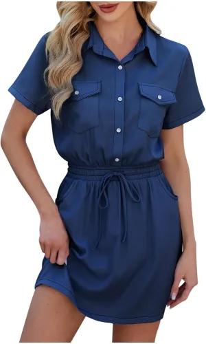 Summer Mini Dress for Women 2025 Elastic Drawstring Waist Button Down Lapel Collar Sundress with Pockets