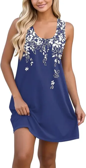 Summer Mini Dresses for Women Casual Trendy Vintage Floral Print Boho Sleeveless A-Line Pockets Beach Tank Sundress