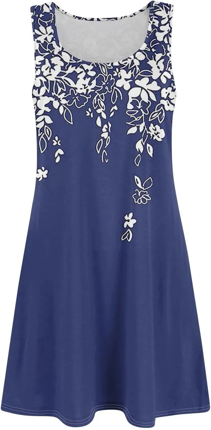 Summer Mini Dresses for Women Casual Trendy Vintage Floral Print Boho Sleeveless A-Line Pockets Beach Tank Sundress