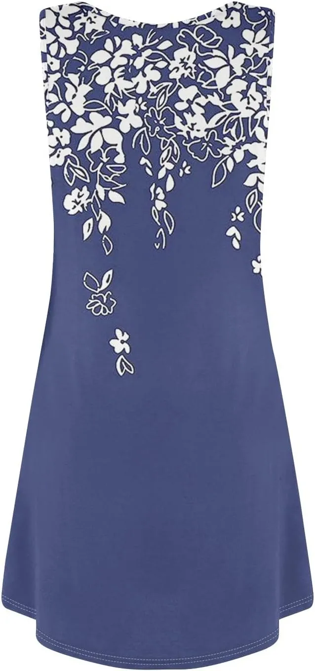 Summer Mini Dresses for Women Casual Trendy Vintage Floral Print Boho Sleeveless A-Line Pockets Beach Tank Sundress