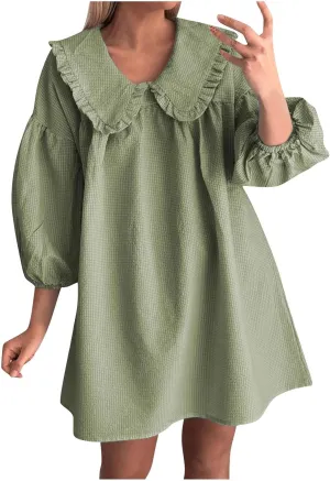 Summer Peter Pan Collar Dresses for Women 3/4 Sleeve Mini Dress Loose Fit Casual Beach Sundress Sleepwear Loungewear