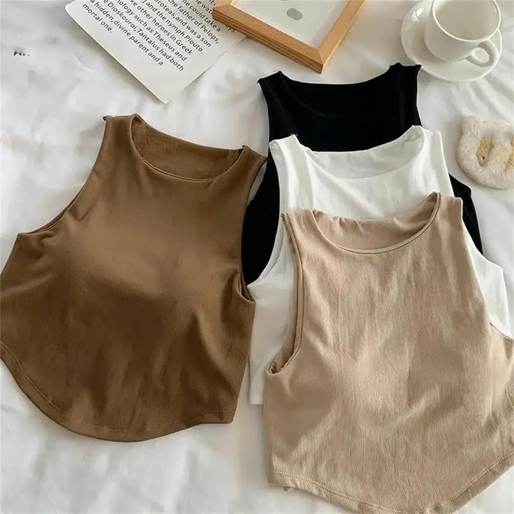 Summer Solid Color Irregular Vest Women's Round Neck Sleeveless Slim Camisole Cotton Lightweight Breathable Short top
