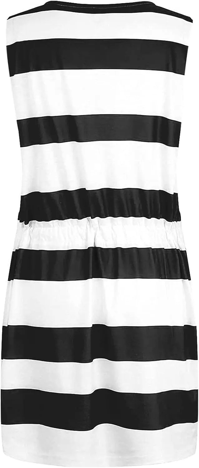 Summer Sundresses Halter Vacation Women Summer Casual Striped Dress Sleeveless Halter Strap Flowy Boho with Pockets