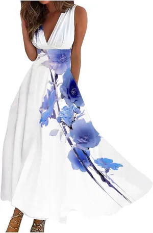Sun Dresses for Women, Casual Spring Summer Elegant Wrap V Neck Sleeveless Maxi Dresses, Floral Print Flowy Beach Dress