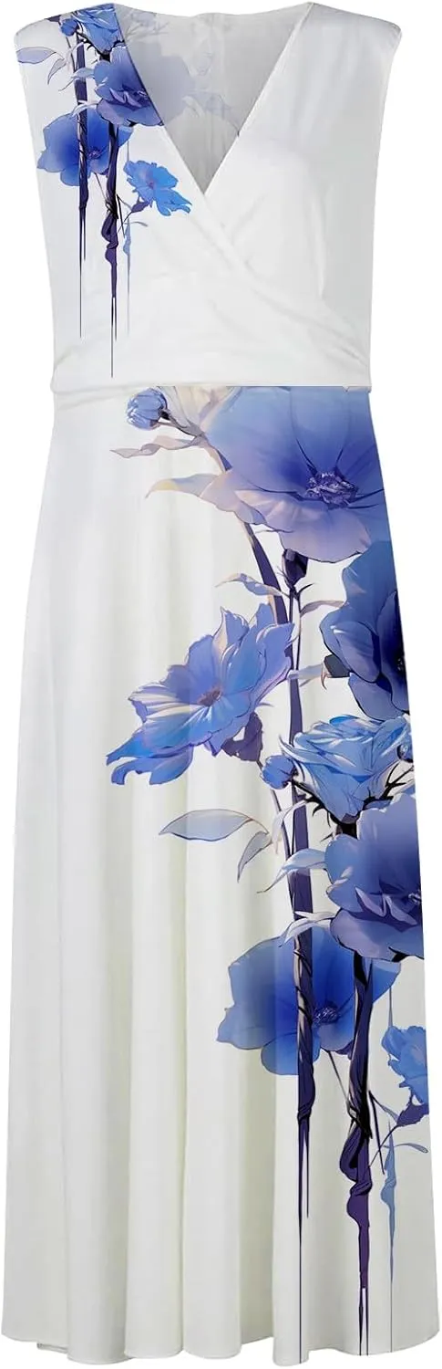 Sun Dresses for Women, Casual Spring Summer Elegant Wrap V Neck Sleeveless Maxi Dresses, Floral Print Flowy Beach Dress