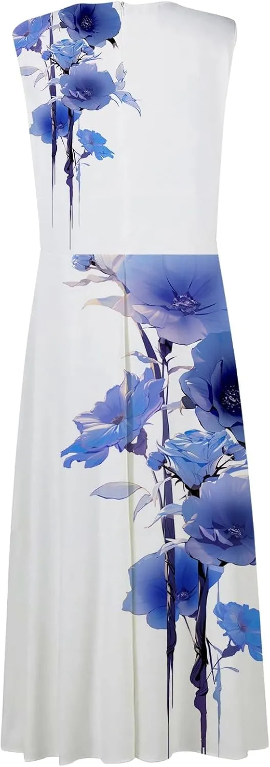 Sun Dresses for Women, Casual Spring Summer Elegant Wrap V Neck Sleeveless Maxi Dresses, Floral Print Flowy Beach Dress