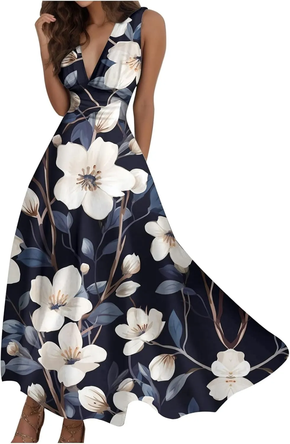 Sun Dresses for Women, Graphic Print Flowy Beach Dress, Spring Summer Casual Elegant Wrap V Neck Sleeveless Maxi Dresses