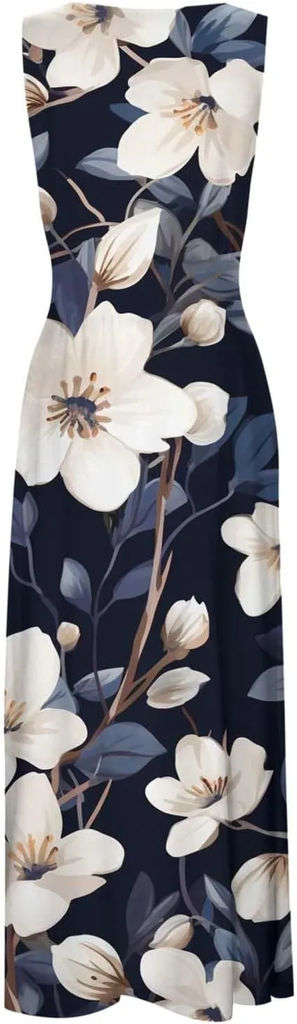 Sun Dresses for Women, Graphic Print Flowy Beach Dress, Spring Summer Casual Elegant Wrap V Neck Sleeveless Maxi Dresses