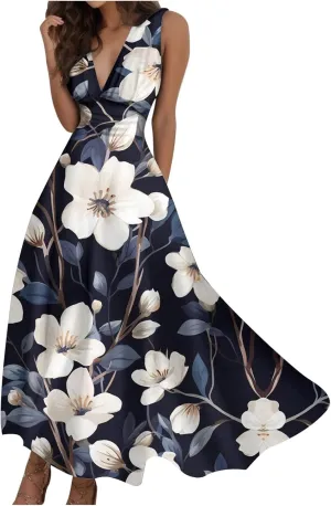 Sun Dresses for Women, Graphic Print Flowy Beach Dress, Spring Summer Casual Elegant Wrap V Neck Sleeveless Maxi Dresses