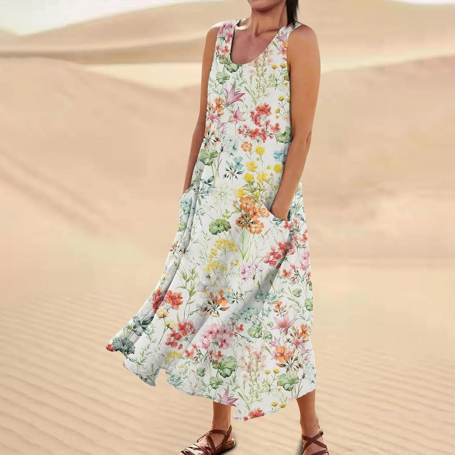 Sundresses for Women 2025 Sleeveless U Neck Boho Dress Floral Print A-Line Sundress Flowy Tank Dress with Pockets