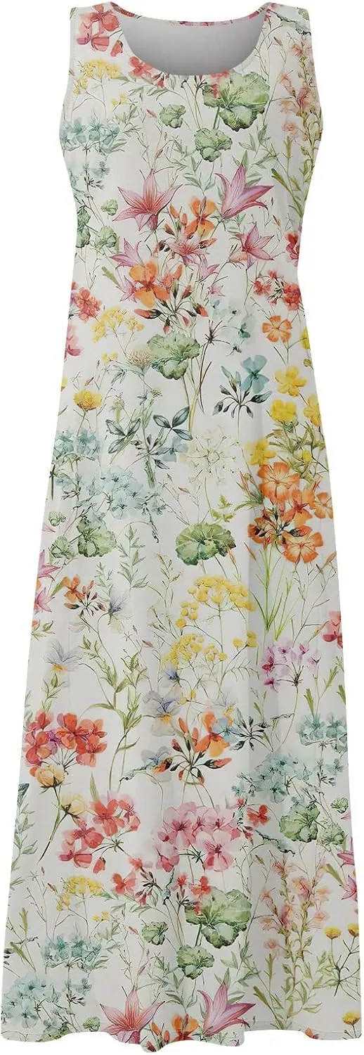 Sundresses for Women 2025 Sleeveless U Neck Boho Dress Floral Print A-Line Sundress Flowy Tank Dress with Pockets