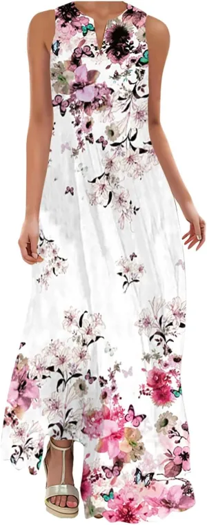 Sundresses for Women 2025 Trendy Flower Print Maxi Dresses Casual Boho Flowy Sundress Summer Vacation Party Dress