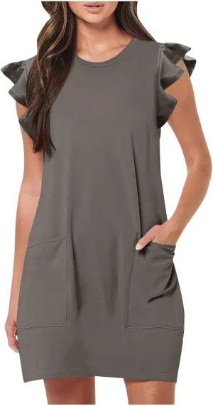 Sundresses for Women Casual Short Ruffle Sleeve Boho Dress Flowy Solid Color Beach Vacation Mini Dress with Pocket
