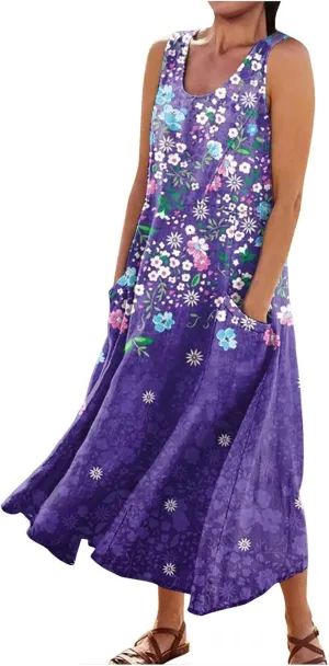 Sundresses for Women Floral Printed Sleeveless Sundresses Pockets a Line Beach Dress Casual Loose Tank Dresses
