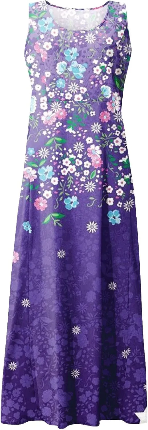 Sundresses for Women Floral Printed Sleeveless Sundresses Pockets a Line Beach Dress Casual Loose Tank Dresses