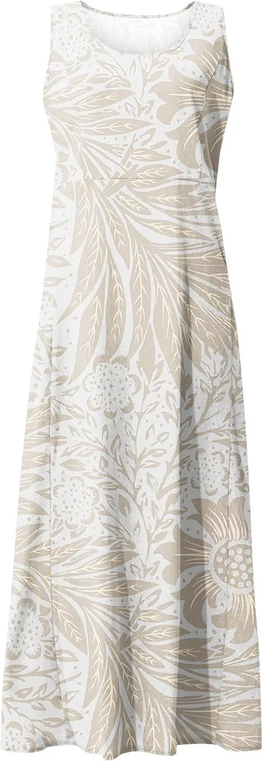 Sundresses for Women Floral Printed Sleeveless Sundresses Pockets a Line Maxi Dresses Casual Loose Long Dresses
