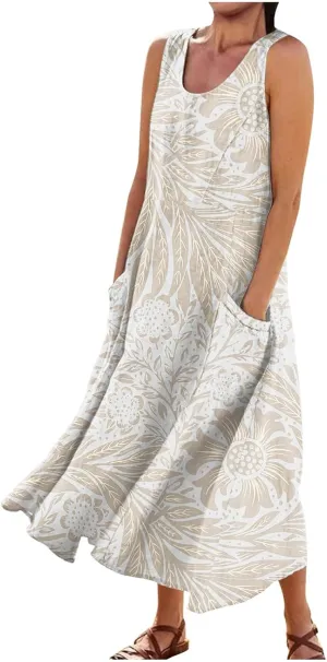 Sundresses for Women Floral Printed Sleeveless Sundresses Pockets a Line Maxi Dresses Casual Loose Long Dresses