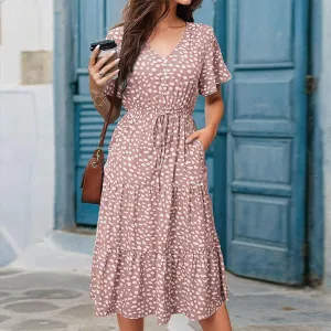 Sundresses for Women V Neck Short Sleeve High Waist Ruffle Dresses Trendy Polka Dots Midi Dresses Outfits