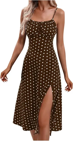 Sundresses for Women,2025 Summer Sexy Spaghetti Strap Polka Dot Midi Beach Dress,Flowy Side Slit Boho Vacation Dress