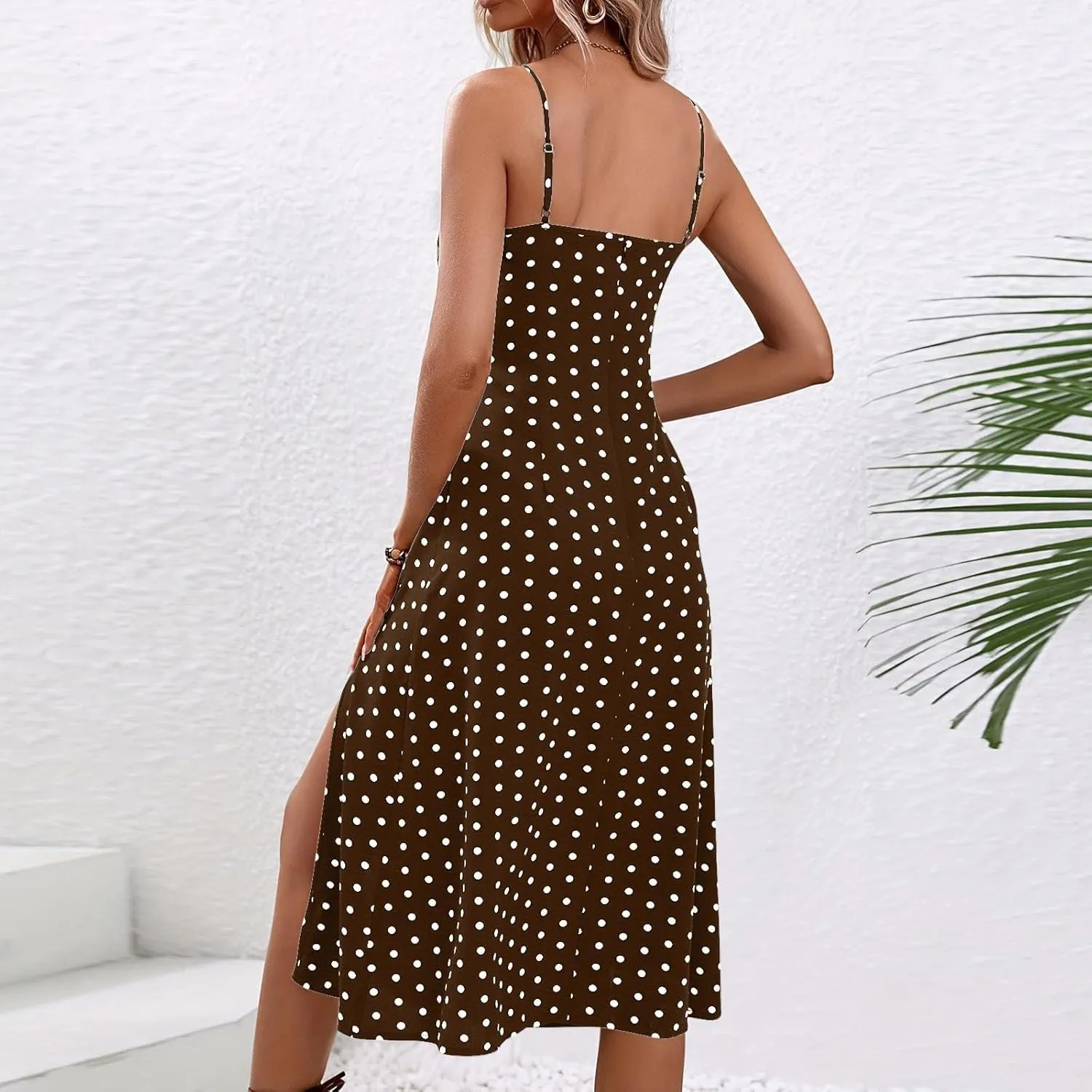 Sundresses for Women,2025 Summer Sexy Spaghetti Strap Polka Dot Midi Beach Dress,Flowy Side Slit Boho Vacation Dress