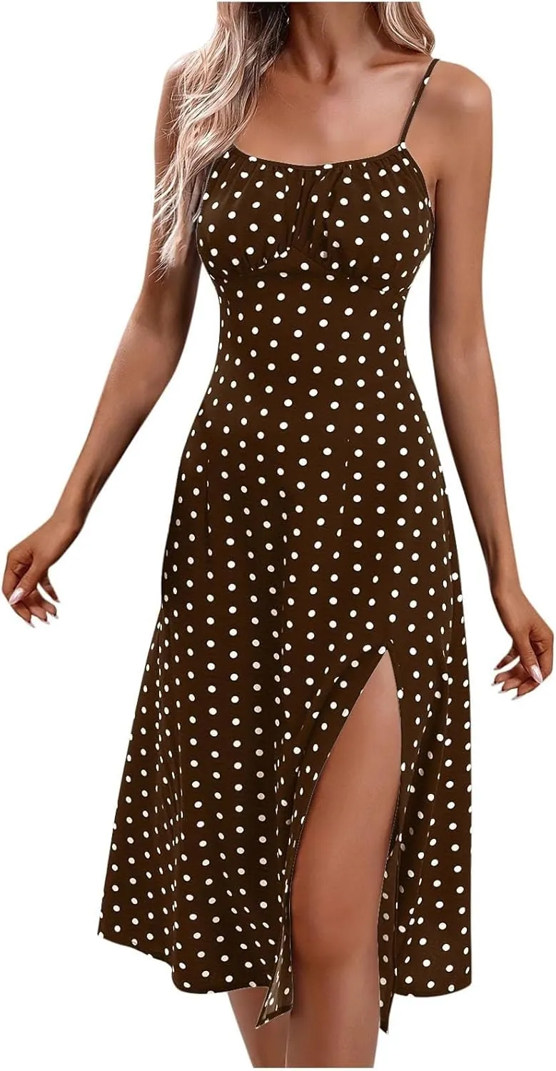 Sundresses for Women,2025 Summer Sexy Spaghetti Strap Polka Dot Midi Beach Dress,Flowy Side Slit Boho Vacation Dress