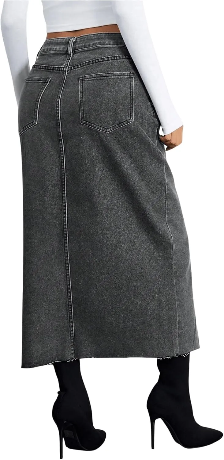 SweatyRocks Women's Casual High Waist Denim Skirt Split Hem Raw Trim Midi Jean Skirts