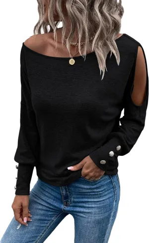SweatyRocks Women's Cut Out Lantern Long Sleeve Tee Top Off Shoulder Plain Casual Holiday Spring Autumn Shirts