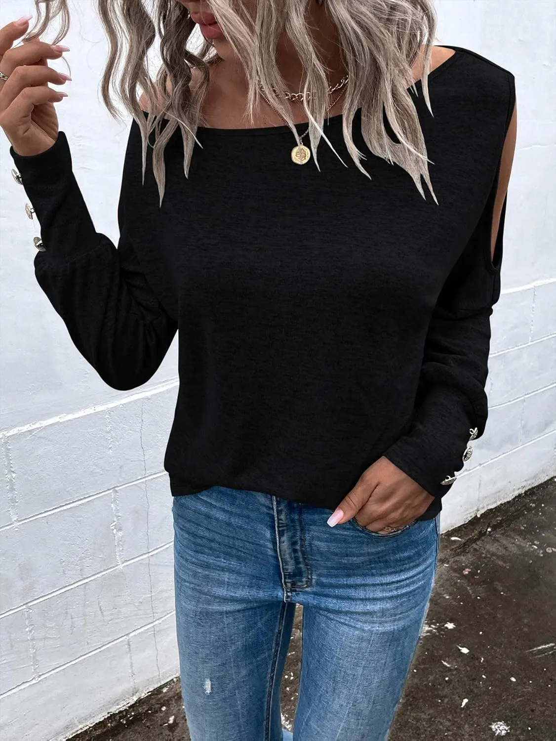 SweatyRocks Women's Cut Out Lantern Long Sleeve Tee Top Off Shoulder Plain Casual Holiday Spring Autumn Shirts