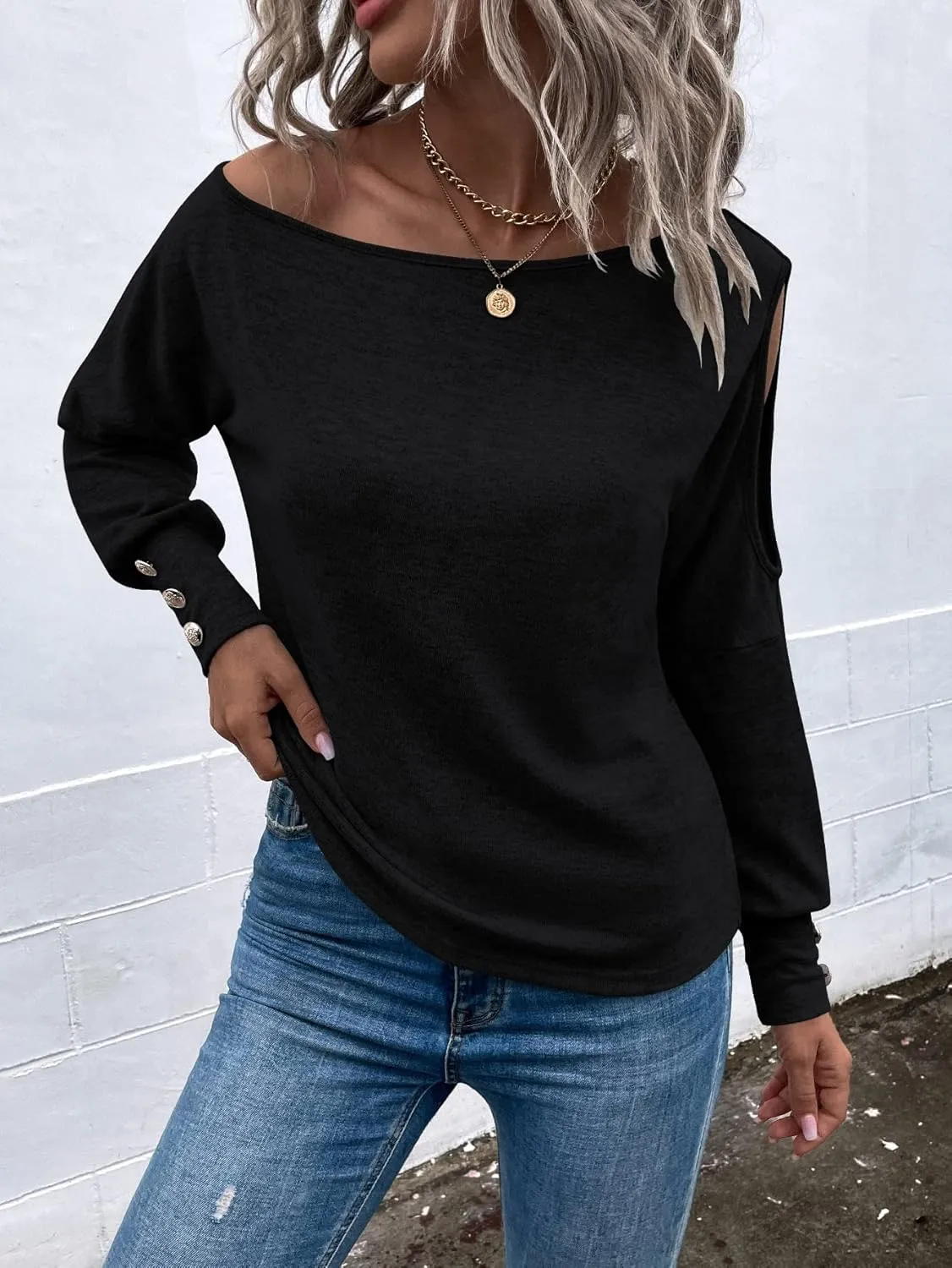 SweatyRocks Women's Cut Out Lantern Long Sleeve Tee Top Off Shoulder Plain Casual Holiday Spring Autumn Shirts